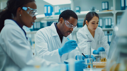 A dedicated team of scientists in a laboratory discussing and collaborating on a complex research project, surrounded by advanced equipment.