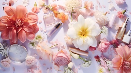 Elegant flatlay composition featuring a beautiful floral arrangement alongside various pastel colored makeup products including lipstick eyeshadow palette