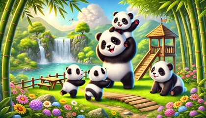 Fototapeta premium The Panda Family's Happiness in Nature