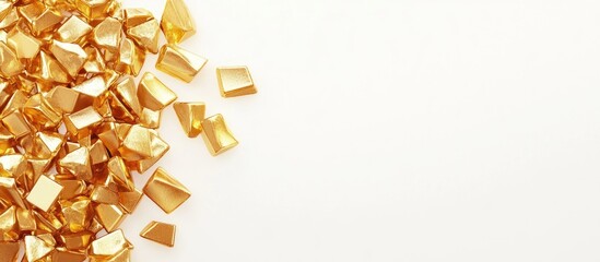 Gold bars and coins arranged on a white background symbolizing luxury wealth financial stability and investment opportunities with empty space for text