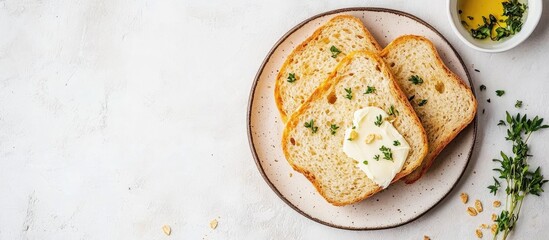 Gluten free cereal bread with butter and herbs on a plate with empty space for text in a minimalistic kitchen setting.