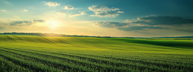 The far-flung farm, bathed in the warm glow of sunset, stretches across the horizon.
