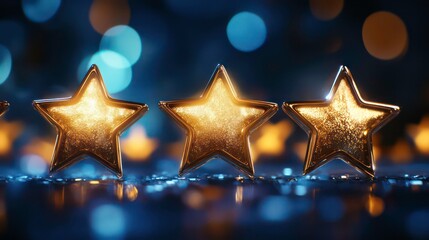 Four glowing gold stars on a sparkling surface, representing high quality rating or achievement.
