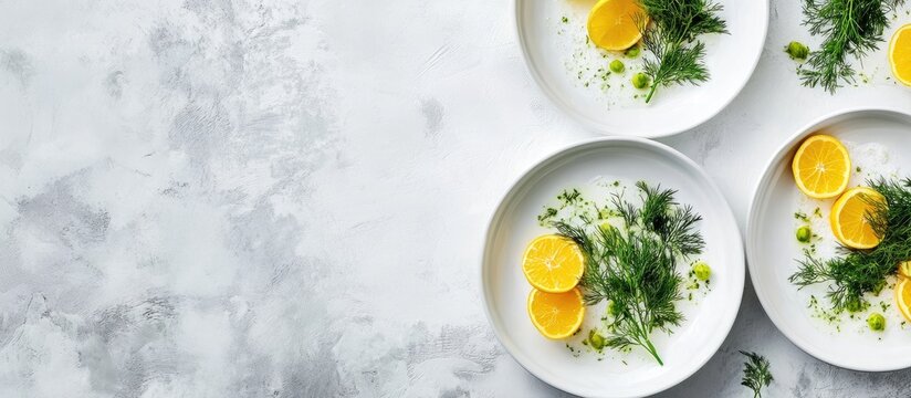 Citrus slices and fresh dill arranged on plates with a blank space for text in a bright and minimalist kitchen setting
