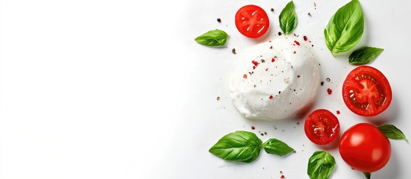 Fresh burrata cheese with vibrant tomato and basil salsa on a clean background ideal for culinary promotions and recipe sharing.