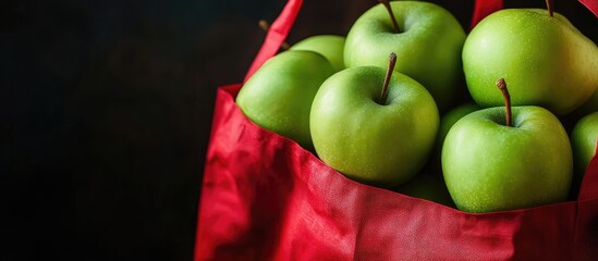 Vibrant Green Apples Piled in a Red Gift Bag with Ample Copy Space for Creative Text and Marketing Messages