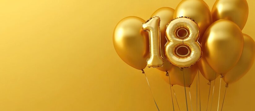 Gold Balloons Celebrating 18th Birthday or Graduation with Blank Space for Customizable Text in Festive Yellow Background