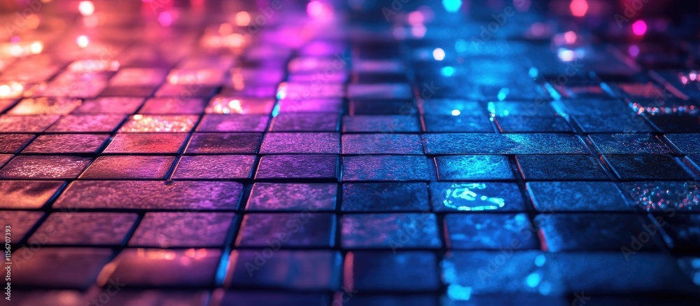 Poster neon light reflections on mosaic tiles creating a vibrant textured background with ample space for t