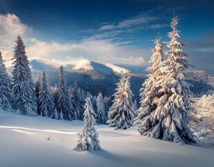 Fantastic sunrise in the mountains. Fresh snow covered slopes and fir trees in Carpathian mountains, Ukraine, Europe. Ski tour on untouched snowy hills. Beauty of nature concept background.
