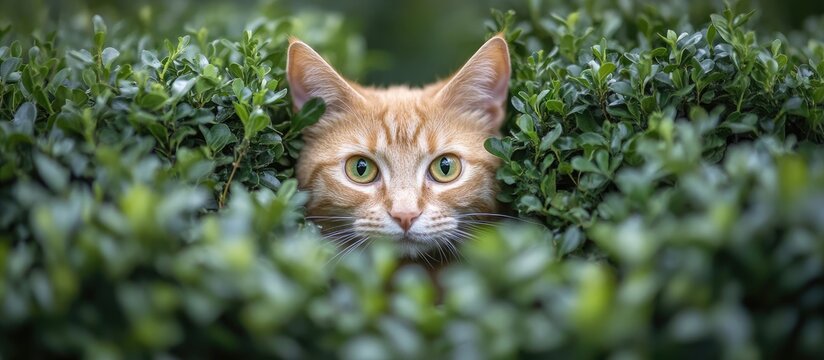 Ginger cat peering through green bushes with space for text and captions in a serene outdoor setting