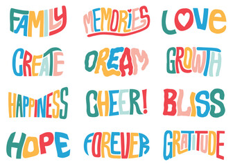 Family themed positive words lettering compilation set.  Vector Lettering design illustration for web, t-shirt design, other graphic design use