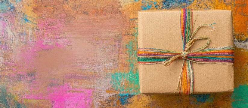 Gift box wrapped in brown paper featuring vibrant decorations and ample empty space for personalized text or messages