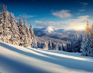 Fantastic sunrise in the mountains. Fresh snow covered slopes and fir trees in Carpathian mountains, Ukraine, Europe. Ski tour on untouched snowy hills. Beauty of nature concept background.