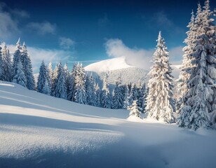 Obraz premium Fantastic sunrise in the mountains. Fresh snow covered slopes and fir trees in Carpathian mountains, Ukraine, Europe. Ski tour on untouched snowy hills. Beauty of nature concept background.