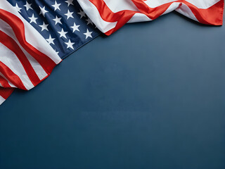 American flag on a blue background with decorations. 300dpi, empty space for text and design. President's Day Concept