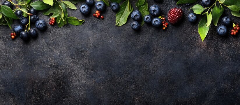 Fresh blueberries with green leaves on dark textured background ideal for healthy food promotion and natural supplement advertising