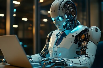 Fototapeta premium Robot using laptop. Artificial intelligence, future technology concept.