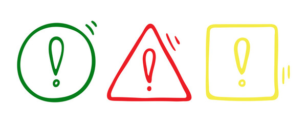 Doodle exclamation mark, notification bell, alert danger information sign set. Color scribble hand drawn doodle exclamation point, stop warning sign in circle, triangle, square form. Red, green