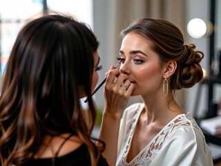 Makeup Artist Applying Eyeshadow on Bride