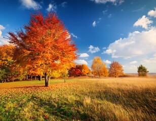 Fototapeta premium Autumn Landscape - Trees And Orange Foliage In Park At Sunset