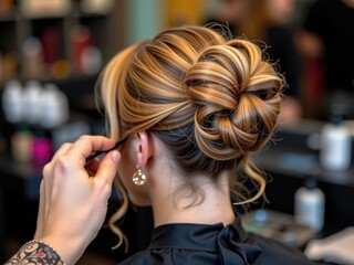Fototapeta premium Elegant Blonde Hair Bun Updo Styling Hairdresser