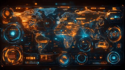 Futuristic HUD world map with glowing interface.