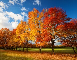 Fototapeta premium Autumn Landscape - Trees And Orange Foliage In Park At Sunset