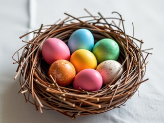 Obraz premium Colorful Easter Eggs in Rustic Nest Spring Holiday Decor