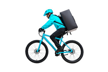 Obraz premium A cyclist in a bright blue outfit rides a bike while carrying a large black delivery bag.