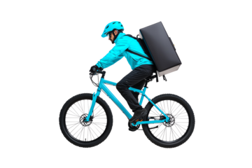 A cyclist in a bright blue outfit rides a bike while carrying a large black delivery bag.