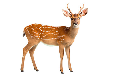 A young deer with a spotted coat and small antlers stands confidently, showcasing its graceful form and alert posture.