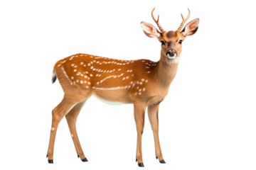 A young deer with a spotted coat and small antlers stands confidently, showcasing its graceful form and alert posture.