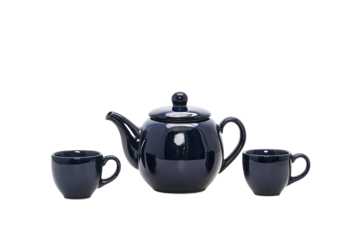 A glossy navy teapot accompanied by two matching cups, elegantly designed for serving tea.