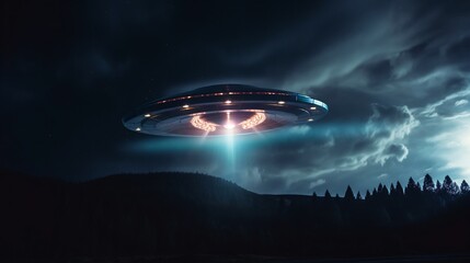 Obraz premium Mesmerizing close up view of a mysterious extraterrestrial spacecraft emitting a pulsating blue light in the dark night sky creating an otherworldly and captivating celestial phenomenon