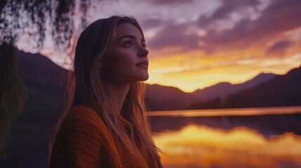 Fototapeta premium A woman gazes at the tranquil lake during a vibrant sunset, reflecting on the beauty of nature and life around her.