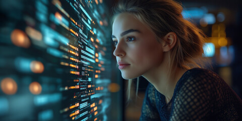 Analyzing data patterns futuristic office digital art high-tech environment close-up view data visualization concept