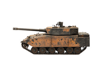 A detailed military tank with a camouflaged exterior, showcasing wear and battle damage, featuring a long barrel and robust tracks.