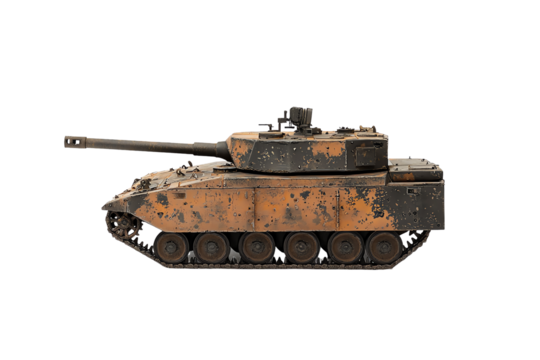 A detailed military tank with a camouflaged exterior, showcasing wear and battle damage, featuring a long barrel and robust tracks.