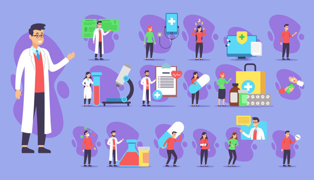 Doctors and patients vector illustrations set. Cartoon drawings of people suffering from ache, taking pills and getting online consultation. Medicine and healthcare concept