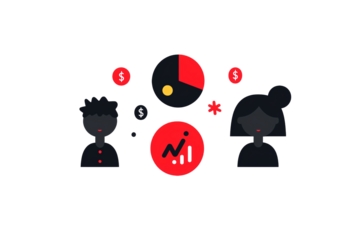 Two stylized figures are surrounded by symbols representing finance and data analytics.