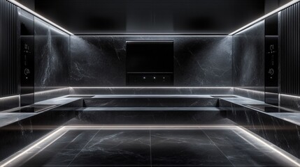 Modern sauna featuring sleek black stone and minimalist design with ambient lighting in a luxury wellness center environment