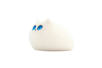 A cute, round white figure with large blue eyes, resembling an adorable animal, featuring a simplistic design and smooth texture.