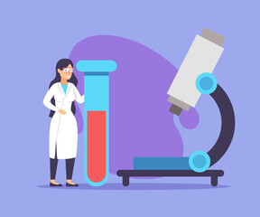 Woman in white coat with huge test tube and microscope vector illustration. Female scientist working in laboratory. Science, experiment, modern technology in medicine concept