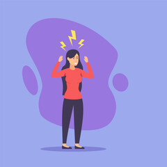 Woman suffering from terrible headache vector illustration. Sad girl touching head, experiencing stress. Healthcare, illness, depression and personal burnout concept