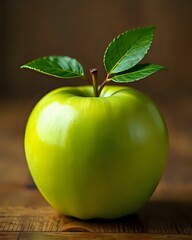 image d'une pomme verte avec des feuilles sur sa tige
