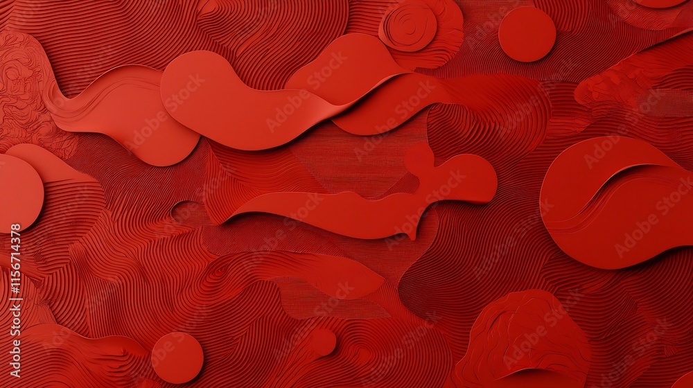 Poster elegant and mesmerizing golden waves flowing across a vibrant red background creating a captivating 