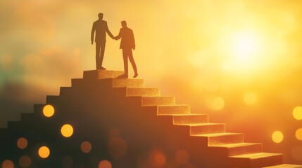 Personal development, career growth, success, progress and potential concepts. Human resources officer, supervisor help employee with his growth symbolized by stairs, bokeh background.