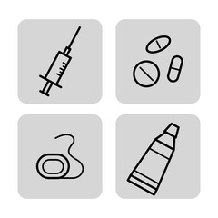 Medical items for treatment line icon set. Syringe, pills, dental floss, tube with cream. Medicine and healthcare concept. Vector illustrations for web design and apps