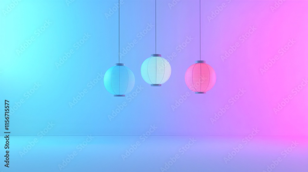 Poster elegant and minimalist 3d of chinese lanterns floating on a gradient background with a blank text ar