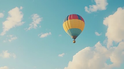 Naklejka premium Colorful Hot Air Balloon Soaring Through A Clear Blue Sky